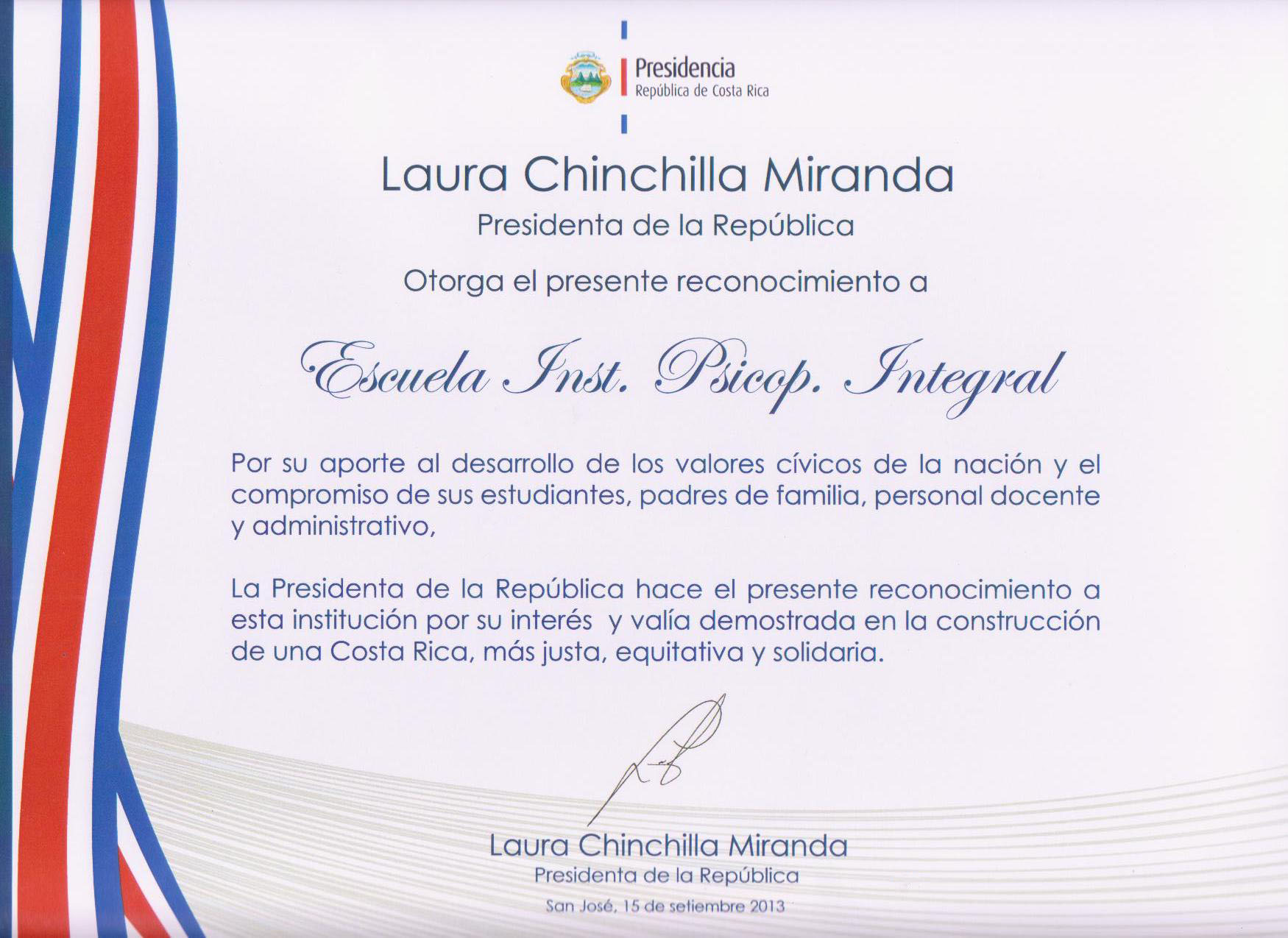 Escuela en Costa Rica reconocida por la Presidencia